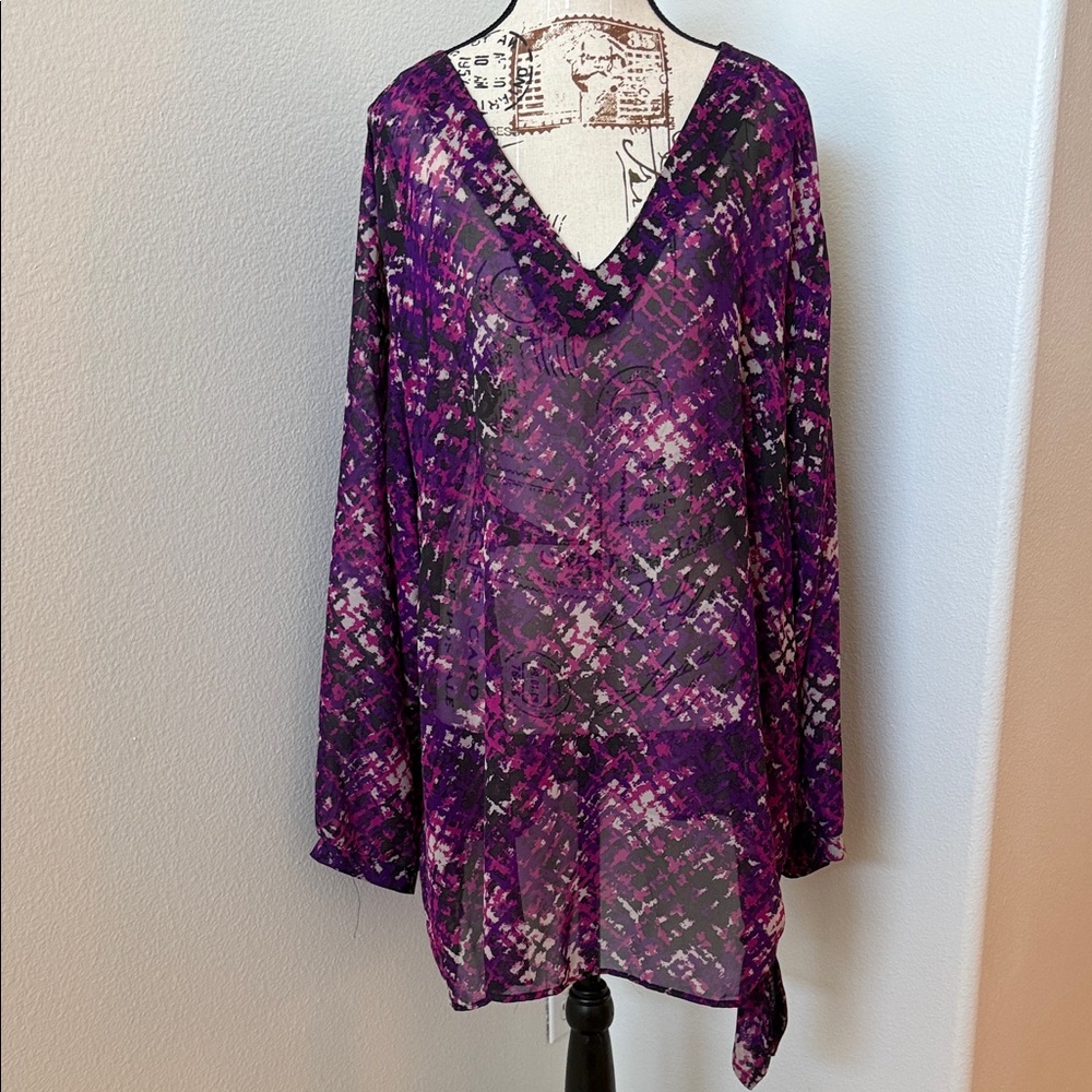 Avenue Sheer V-Neck Purple Patterned Tunic